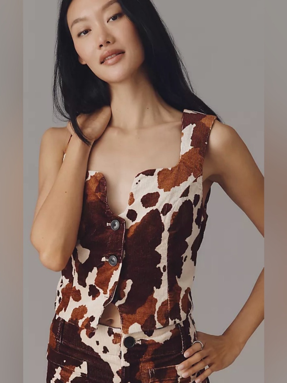 ANTHROPOLOGIE Maeve Cow Print Button Front Vest Cream Brown Size Medium NWT